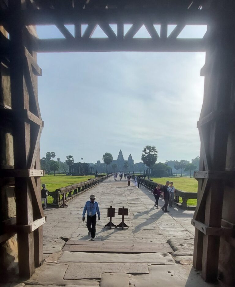 View of Angkor Wat from inside the West Gatehouse showing where to turn left for the quiet sunrise viewpoint