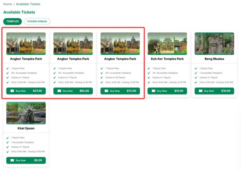 Official Angkor Enterprise website showing 1-day, 3-day and 7-day Angkor Pass options and prices
