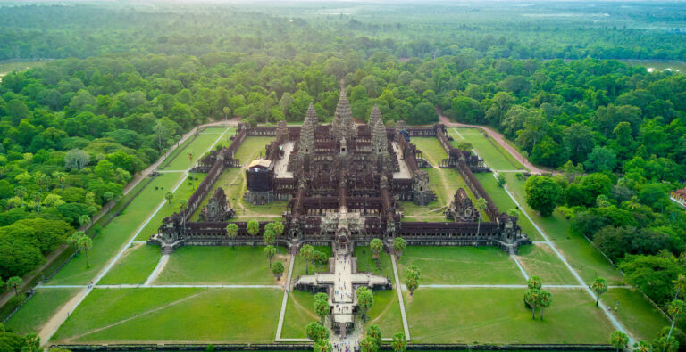 Aerial view of Angkor Wat at sunrise