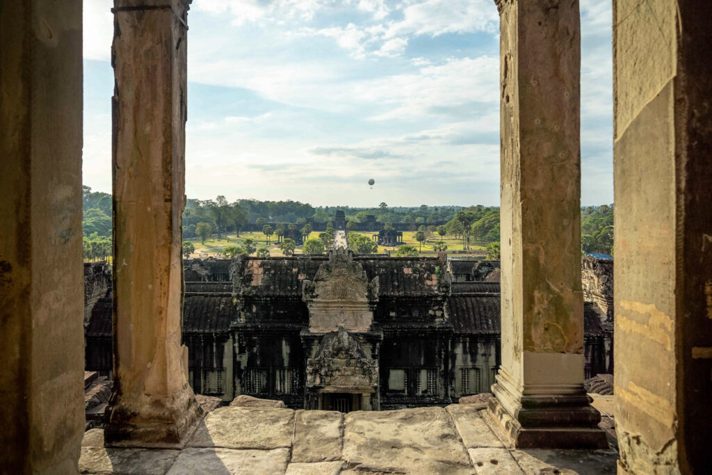 View from the Bakan upper level of Angkor Wat through stone columns