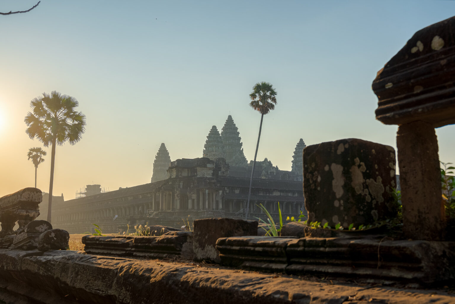 Angkor Wat at sunrise from near the Northwest Pavilion, a quiet viewpoint away from the reflection ponds