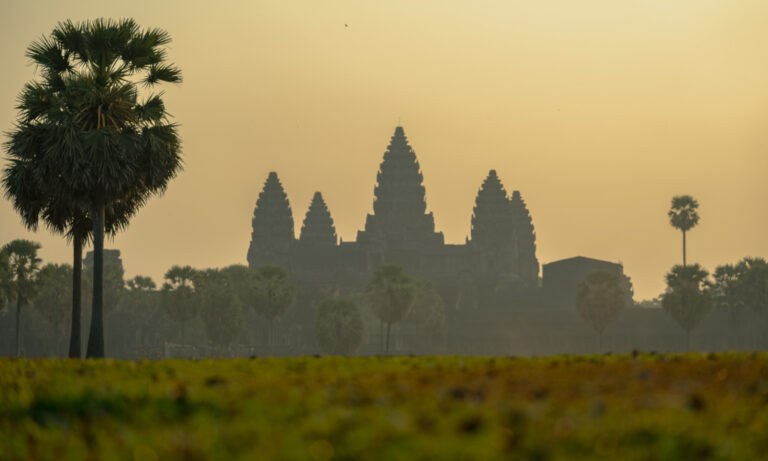Angkor Wat at sunrise from the Southern Lawn, a quiet viewpoint away from the reflection pond crowds