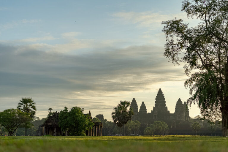 Angkor Wat at sunrise from the quiet southern lawn away from the main crowds