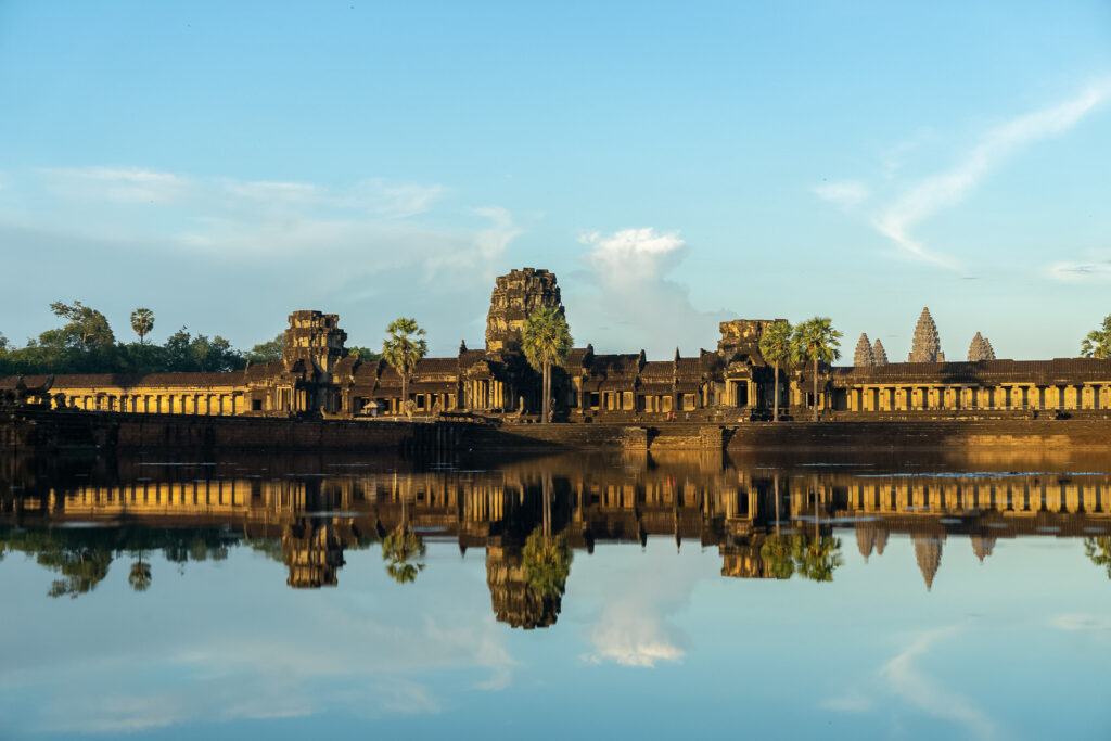 Front entrance of Angkor Wat reflected in the water, Siem Reap, Cambodia