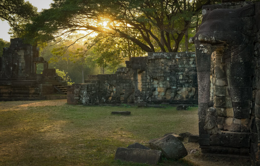 Terrace of the Elephants at Angkor Thom in the early morning, with ancient stone walls and trees lit by the rising sun.