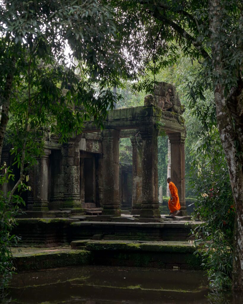 Buddhist monk walking through the jungle ruins of Ta Prohm temple