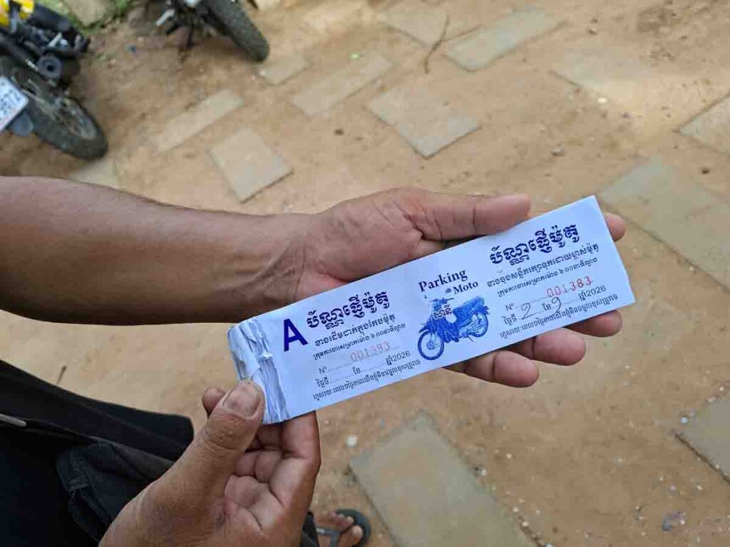 Angkor Wat motorbike parking ticket showing the parking fee