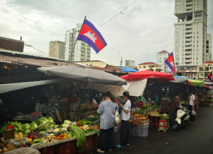 Angkor Wat on flag at a market in Phnom Penh