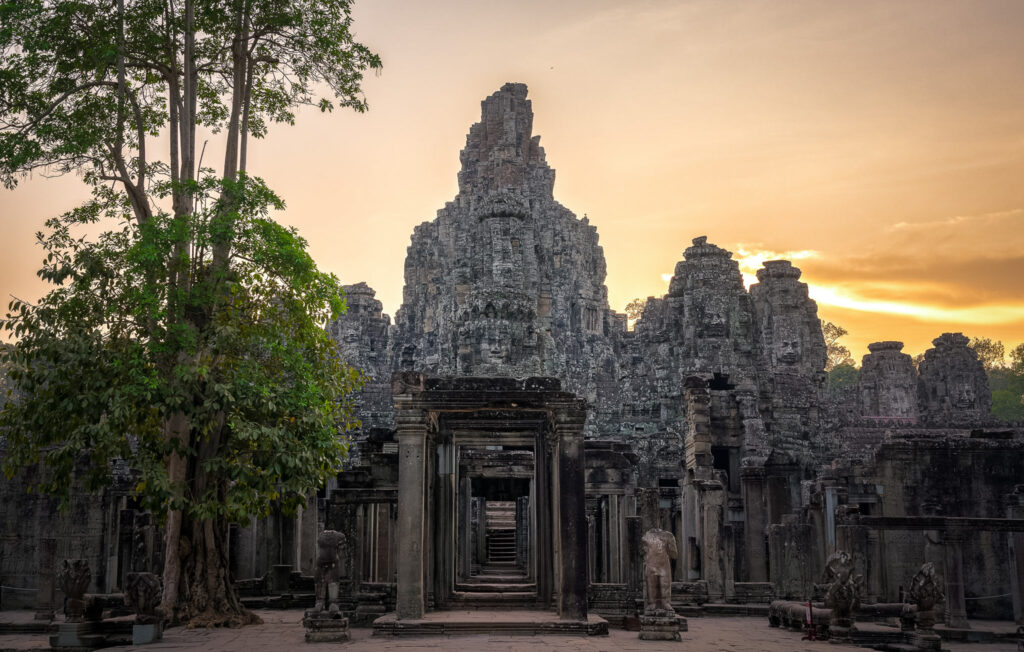 Bayon temples eastern entrance at sunset